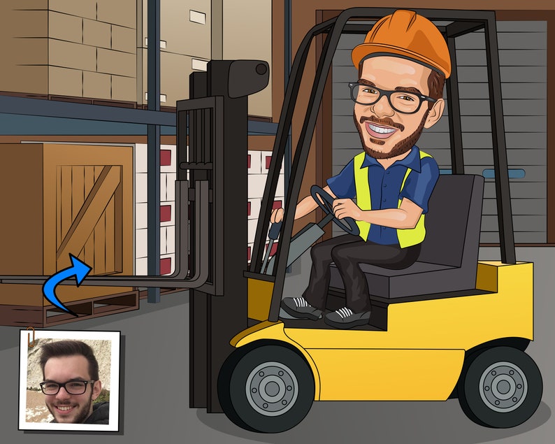 forklift driver caricature portrait